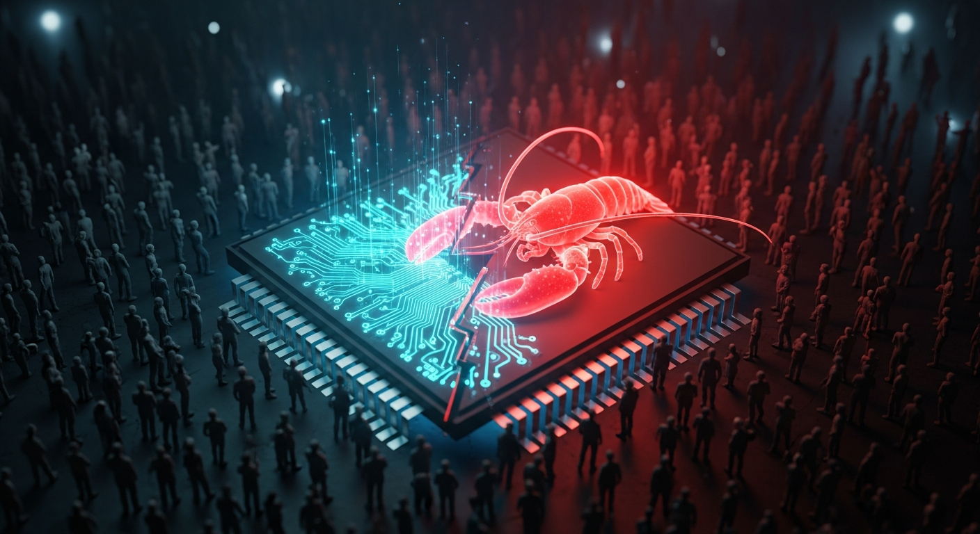 A cracked microchip with handcuffs on one side, a glowing lobster hologram on the other, surrounded by human silhouettes